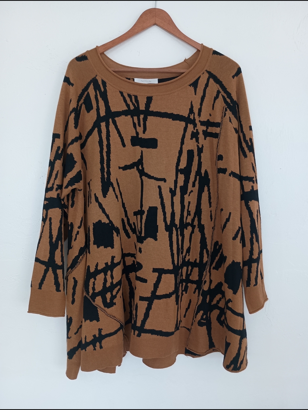 NOEN Wool Blend Mustard and Black Abstract Knit Sweater